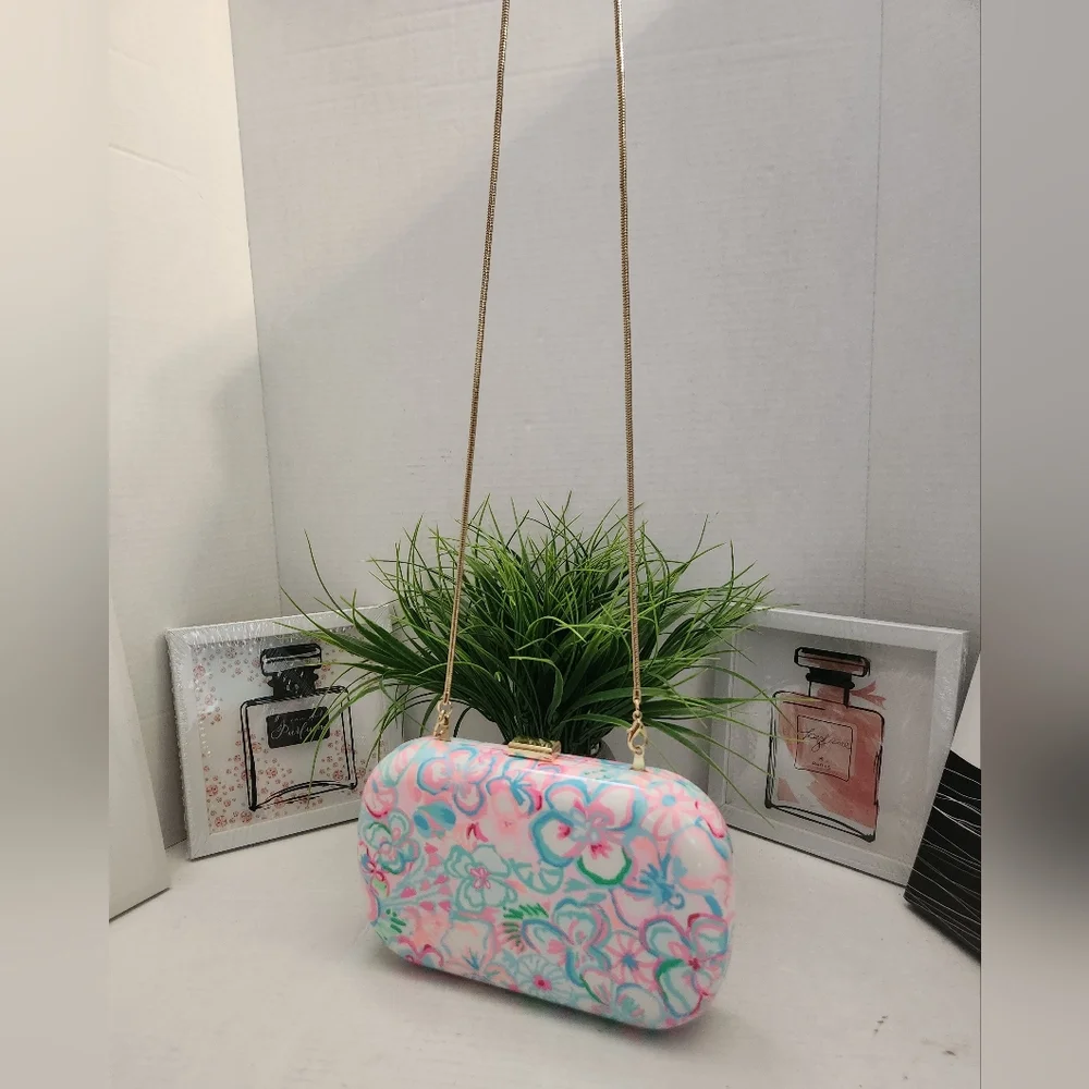 Lilly Pulitzer Hardshell Clutch Floral Pastel Crossbody Bag with Gold Chain